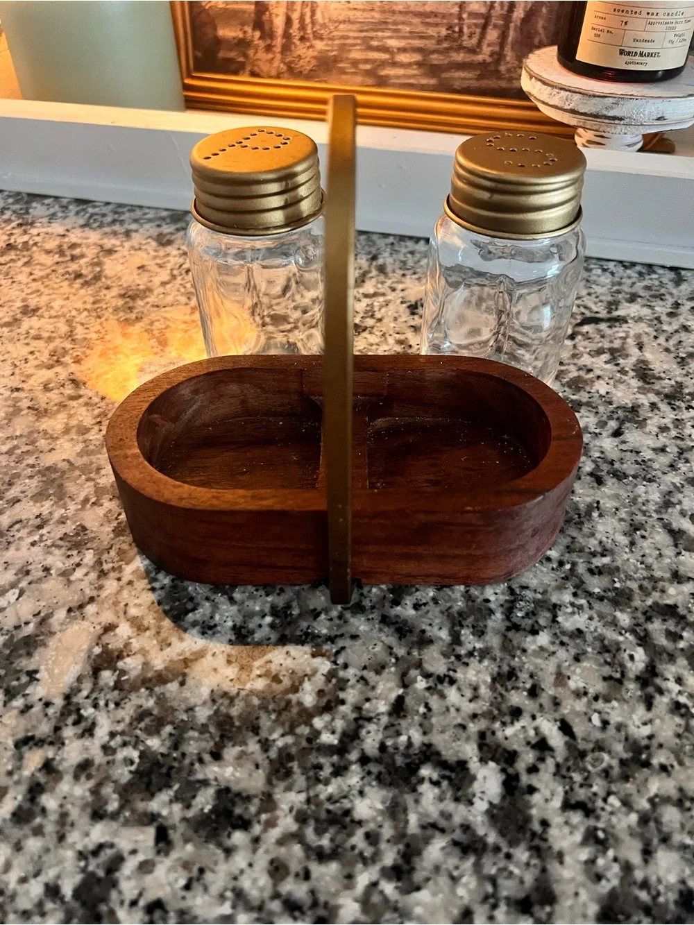 Farmhouse Style Wood and Glass Salt & Pepper Shaker Set with Gold Lids